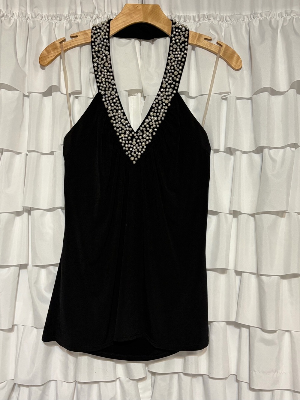 Spense Black Halter Camisole with Pearl & Crystal Embellished V-Neck